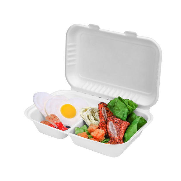 9 x 6 inch 2 Compartment Bagasse Sugarcane Pulp Hinged Container Clamshell