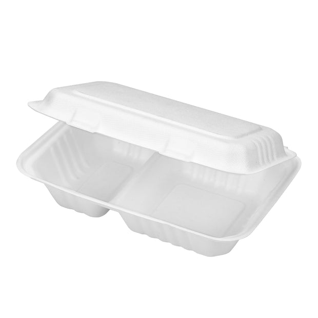 9 x 6 inch 2 Compartment Bagasse Sugarcane Pulp Hinged Container Clamshell