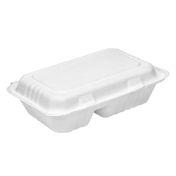 9 x 6 inch 2 Compartment Bagasse Sugarcane Pulp Hinged Container Clamshell