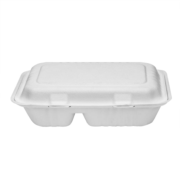9 x 6 inch 2 Compartment Bagasse Sugarcane Pulp Hinged Container Clamshell