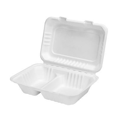 9 x 6 inch 2 Compartment Bagasse Sugarcane Pulp Hinged Container Clamshell