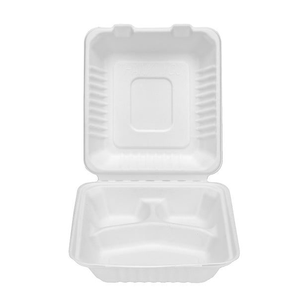 8 x 8 inch , 9 x 9 inch 3 Compartment Bagasse Sugarcane Clamshell Food Box