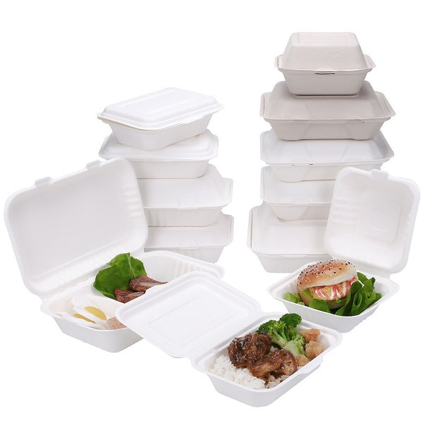 9 x 6 inch Bagasse Sugarcane Clamshell Molded Fiber Hinged Container